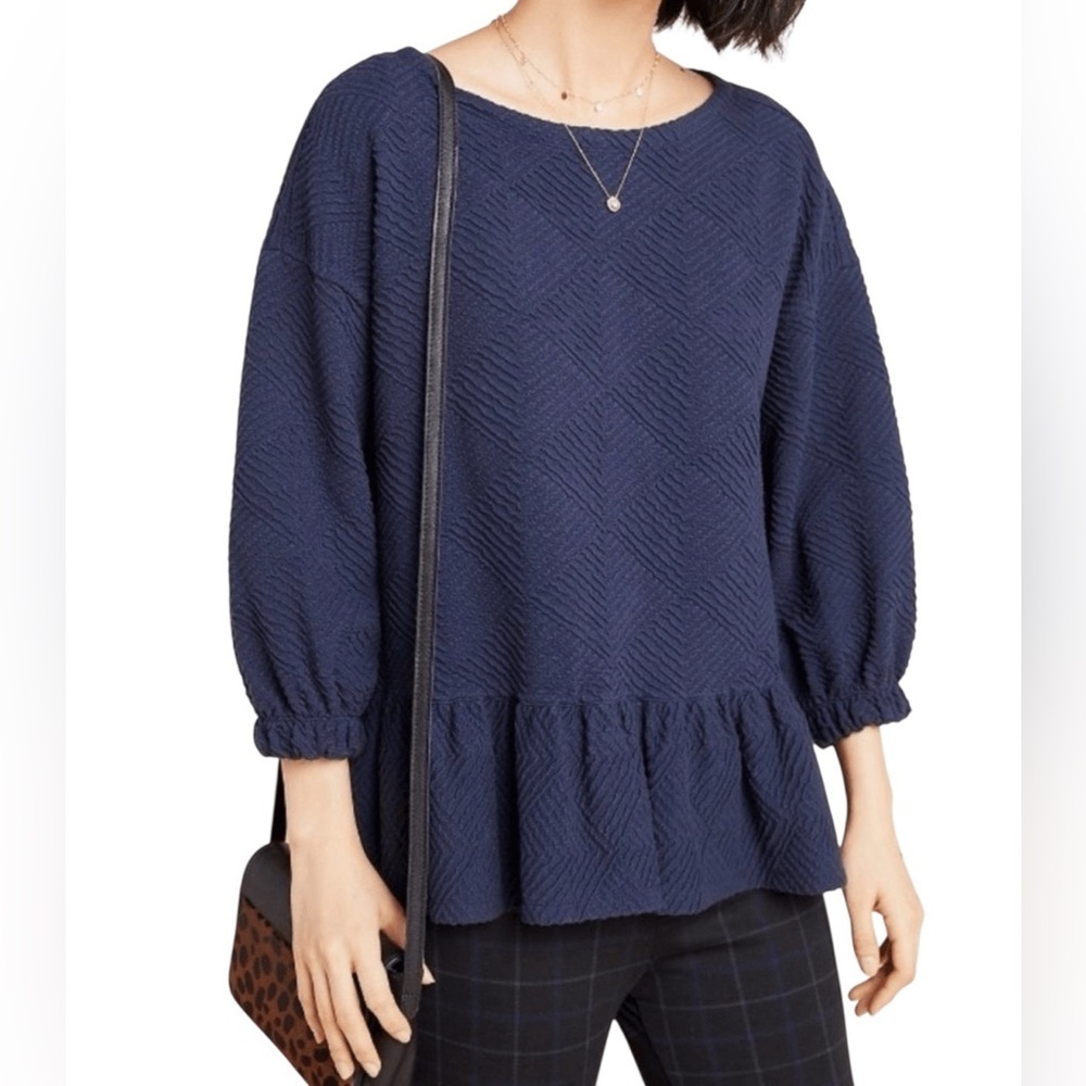 Maeve Women's Navy Blue Thick Embossed Peplum 3/4 Sleeve Scoop Neck Top Size M